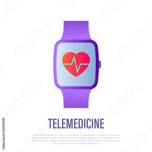 Telemedicine: heartbeat on smartwatch screen. Online consultation. Gradient icon. Non-contact diagnostics. Vector illustration.