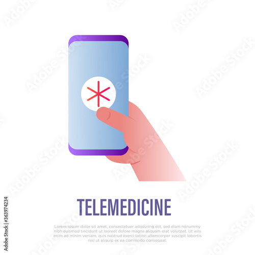 Telemedicine: hand holding smartphone with Star of life on screen. Online consultation. Gradient icon. Non-contact diagnostics. Vector illustration.