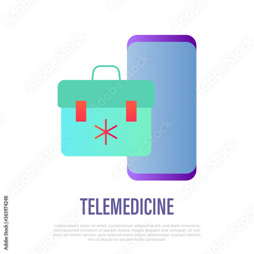 Telemedicine: medical briefcase on smartphone's screen. Online consultation. Gradient icon. Non-contact diagnostics. Vector illustration.