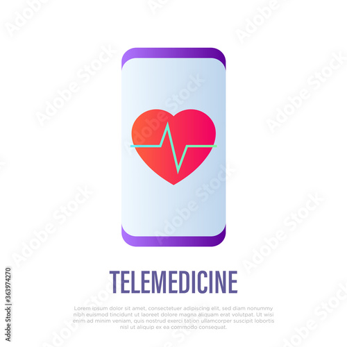 Telemedicine: heartbeat on smartphone screen. Online consultation. Gradient icon. Non-contact diagnostics. Vector illustration.