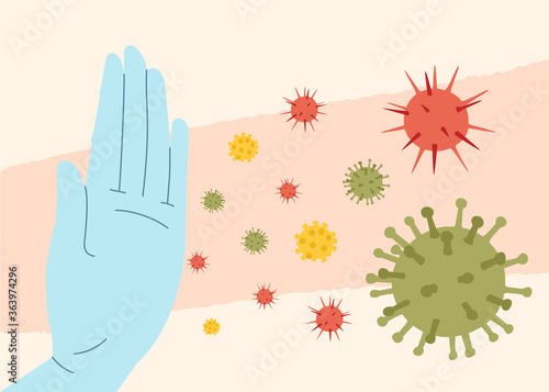 Say STOP to coronavirus, bacteria, fungi and infections. Vector illustration of Corona virus with hand gesture stop. Pandemic and corona virus outbreaks.