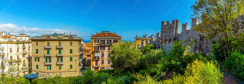 A panorama view from the castle hill over the rooftops in La Spezia, Italy in the summertime