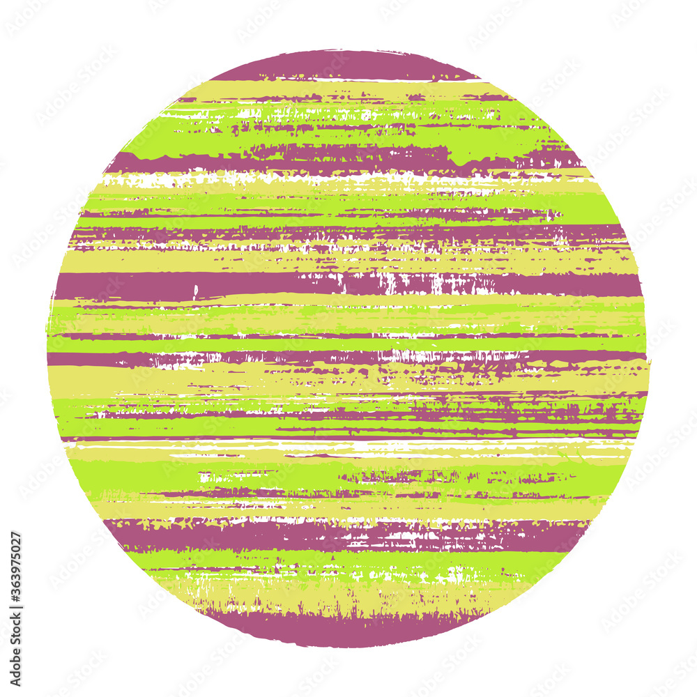 Vintage circle vector geometric shape with striped texture of paint horizontal lines. Disk banner with old paint texture. Badge round shape circle logo element with grunge background of stripes.