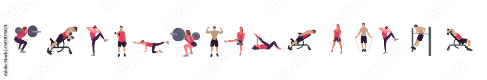 Obraz premium Man and woman gym set. Workout flat illustration collection - Vector