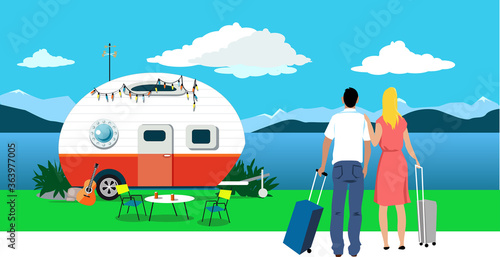 Couple with suitcases looking at a peaceful local vacation spot, EPS 8 vector illustration