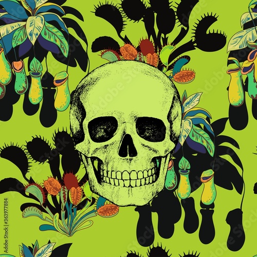 Seamless pattern with scull and carnivorous plants.