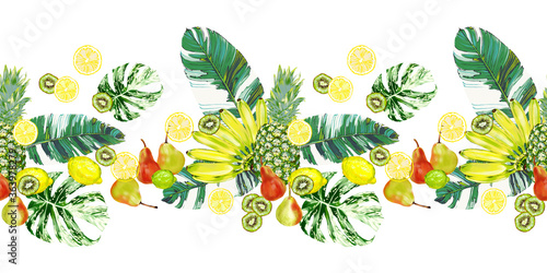 Seamless border from ripe bananas, kiwi, slices of fruits and tropical banana and monstera leaves. Design for duct tape, adhesive tape, restaurant and cafe menu, wallpaper border