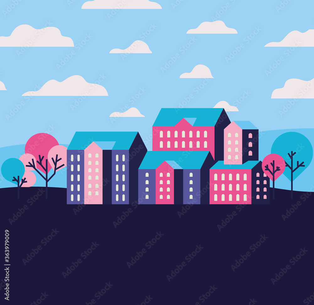 Purple blue and pink city buildings landscape with clouds and trees design, Abstract geometric architecture and urban theme illustration