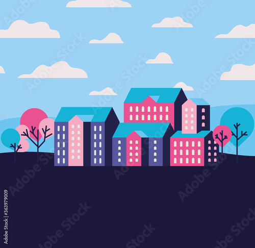 Purple blue and pink city buildings landscape with clouds and trees design, Abstract geometric architecture and urban theme illustration