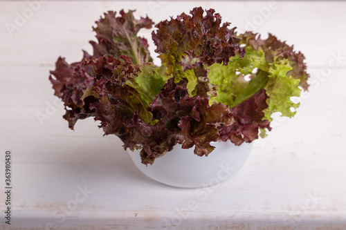 red leaf salad in a bowl on a white wooden table