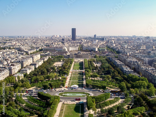 View of Paris from the Eiffel tower. Panorama of the city from above. White limestone buildings and city. France.
