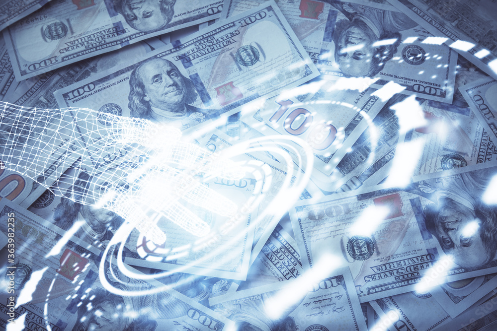 Double exposure of data theme drawing over us dollars bill background. Technology concept. Double exposure of data theme drawing over us dollars bill background. Technology concept.