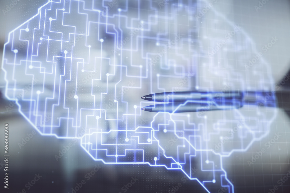 Double exposure of Ai data brain drawing over coffee cup background. Double exposure of Ai data brain drawing over coffee cup background.