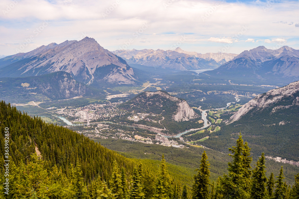 Obraz premium Aerial Photo of the resort town of Banff in the Canadian Rockies, Alberta Canada