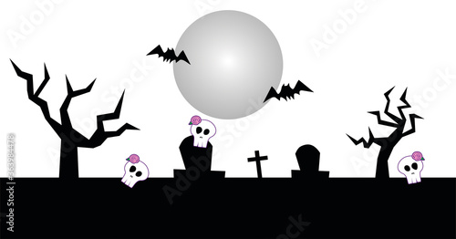 Black silhouettes of tombstones, crosses and gravestones with skulls in a full moon background. Elements of cemetery. Halloween illustration.