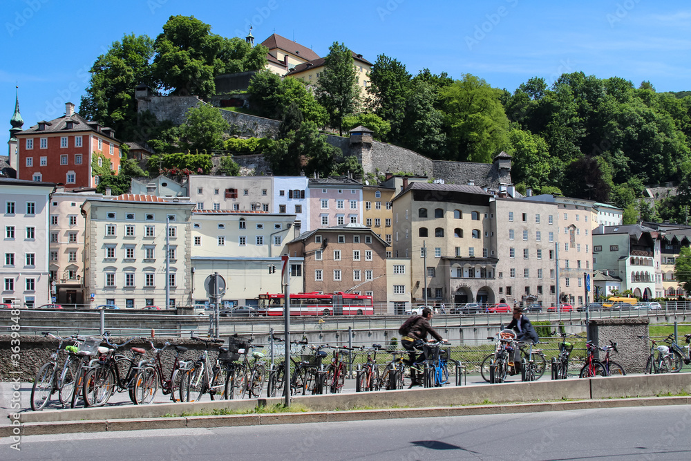 Bicycle is environmentally friendly healthy transport on the street of Salzburg, Austria