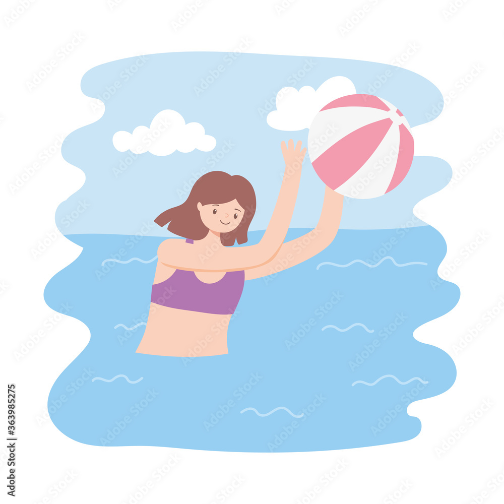 summer pool with girls and inflatable, playing ball summer pool with girls and inflatable, playing ball