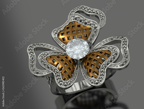 Wedding rings of gold, silver, metal with diamonds 3d illustration for ads, flyers, wed site sale elements design 3D rendering