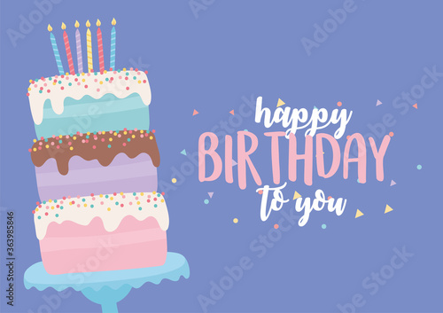happy birthday, sweet cake with candles and lettering decoration celebration party