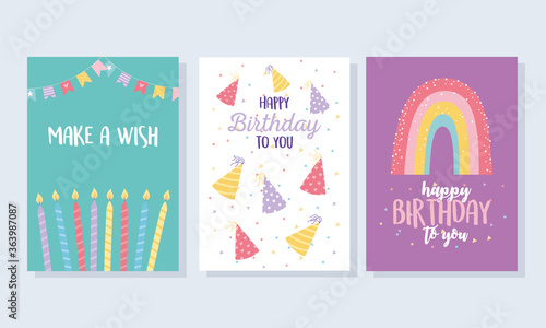 happy birthday, hats candles rainbow decoration celebration greeting card and party invitation templates