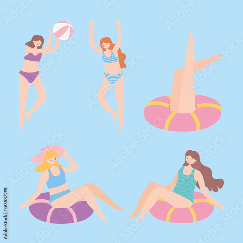 people dressed in swimwear in swimming pool, summer water activities