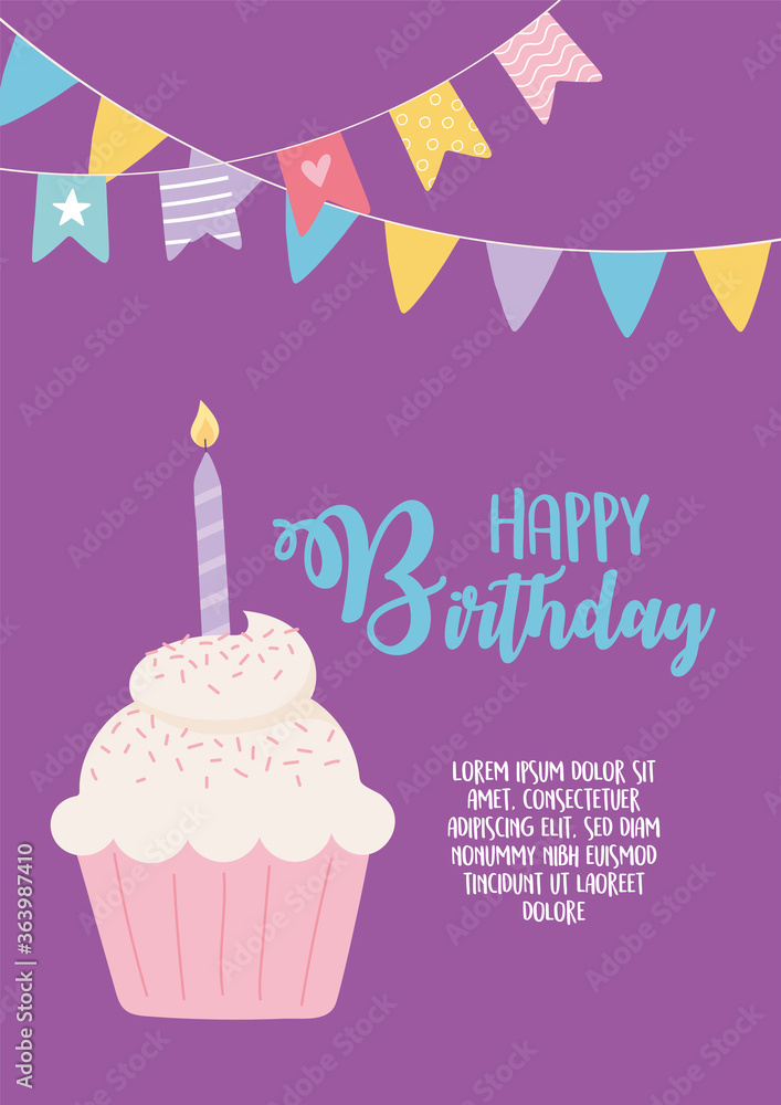 happy birthday, sweet cupcake with candle and pennants decoration celebration party happy birthday, sweet cupcake with candle and pennants decoration celebration party