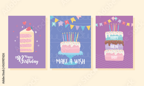 happy birthday, sweet cakes candles pennants decoration celebration greeting card and party invitation templates
