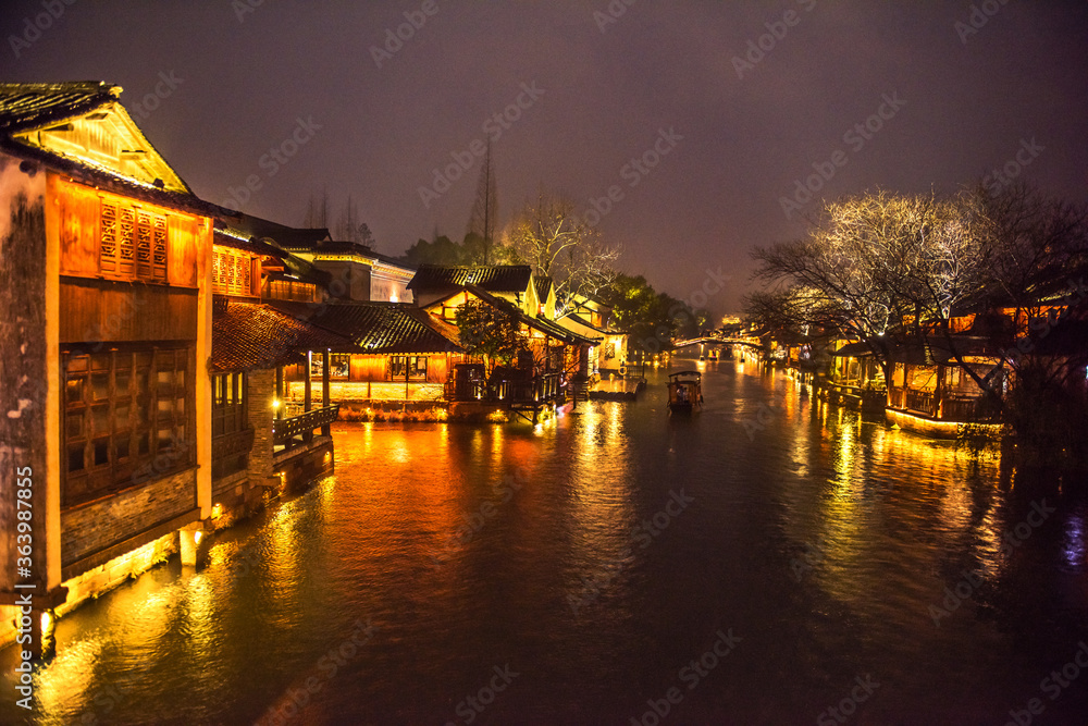 Wuzhen,Tongxiang city,Zhejiang province,Chine. The night view of ancient town,Wuzhen, is a famous historical,cultural and traditional water town.