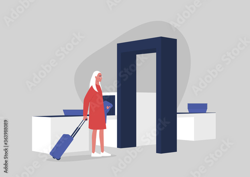 Young female character passing a security control at the airport, travel concept, millennial lifestyle