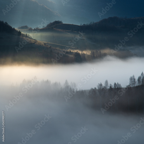 A landscape from Apuseni mountain, Romania. Mist in the trees