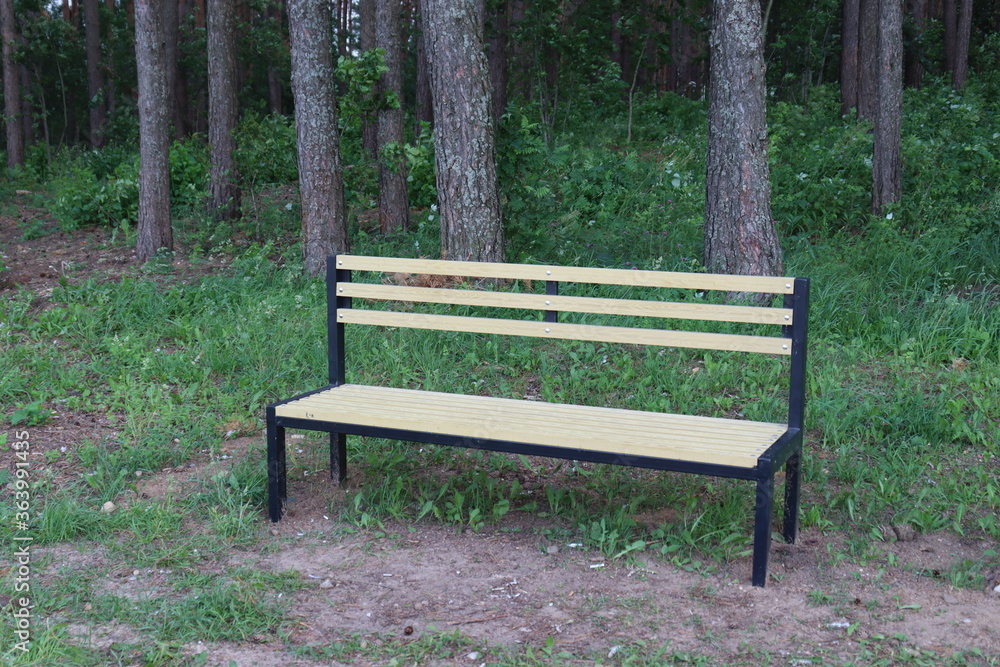 yellow bench with trash can in forest