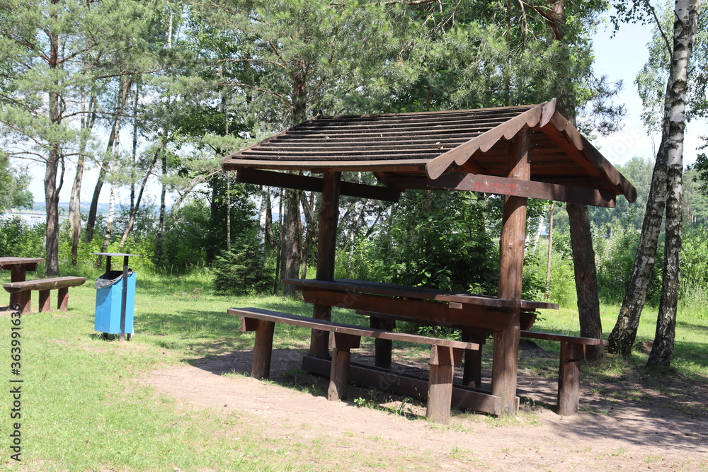 picnic area with barbecue spot in forest