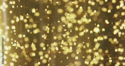 Close-up footage of carbonated beer bubbles flowing upwards in pint glass