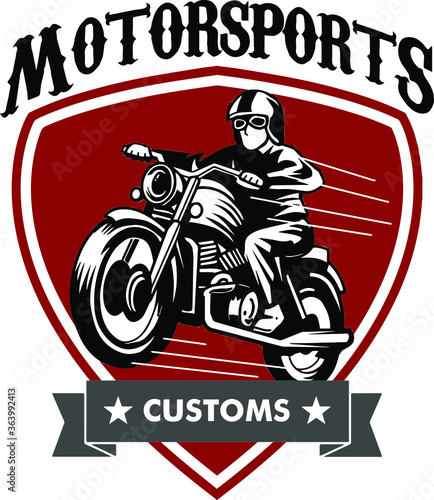 Man Riding Motorbike with shield for custom garage logo.