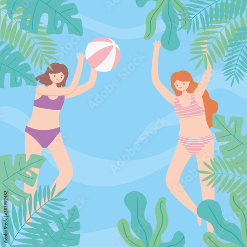 summer pool with girls playing ball, playful time