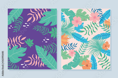 tropical leaves banner with exotic palm plants flowers and leaves