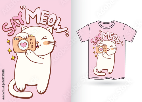 Cute cat with camera cartoon for t shirt