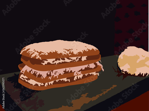 puff pastry dessert with sweet topping, and a scoop of ice cream, vector illustration