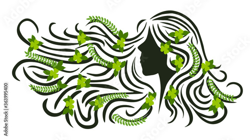 silhouette of woman with long hair in the wind, conceptual representation of mother nature, save the earth, environment, leaves and flower, vector illustration