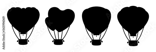 Hot air balloon black silhouette set. Monochrome heart shape or circle. Cartoon Valentine day design air balloons collection. Festivals or wedding journey air transport. Vector Isolated illustration