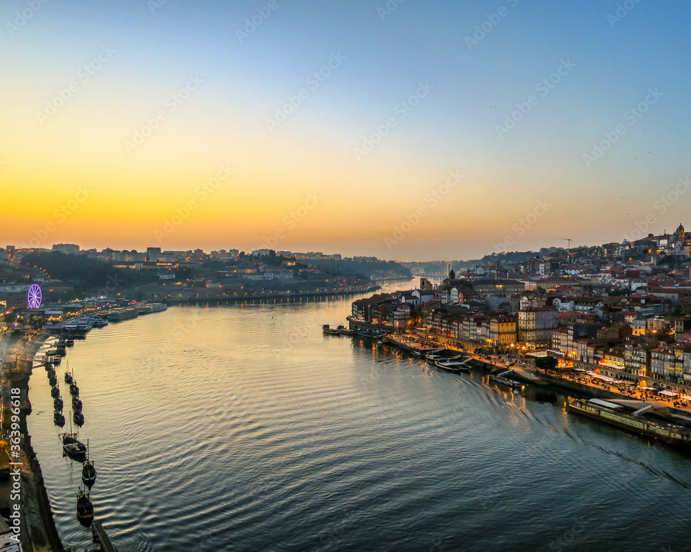 View of Douro River fom Luis I Bridge in Porto, Portugal