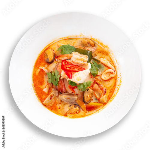 Seafood Thai soup on white background. Thai food cuisine calling Tom Yum Kung.