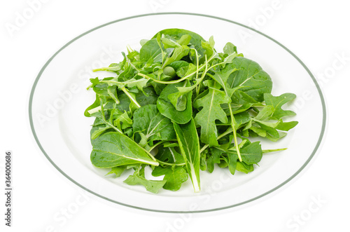 Healthy eating Arugula and spinach leaves on white plate, vegetarian menu
