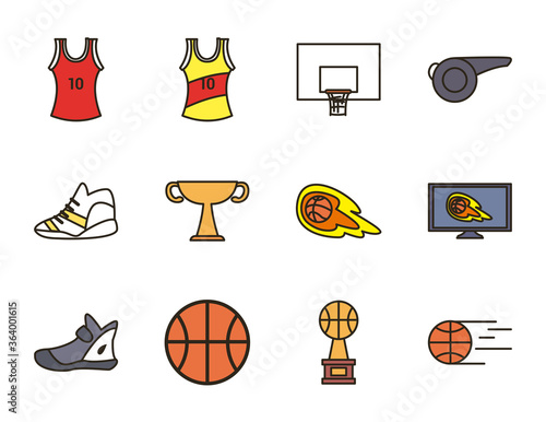 basketball line and fill style icon set vector design
