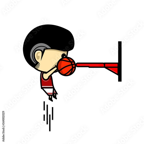 Cute character basketball players in action during the game. Basketball player with ball makes slam dunk. Illustration vector