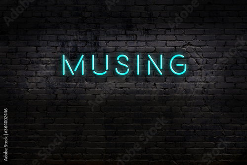 Neon sign. Word musing against brick wall. Night view