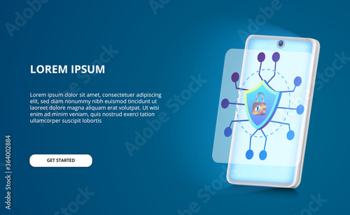security smartphone modern from threat hacking and spyware with shield, padlock illustration concept with blue glow screen