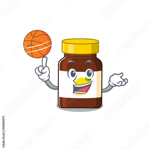 Sporty cartoon mascot design of bottle vitamin c with basketball