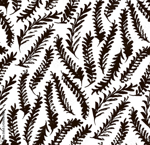  Leaves and branches vector seamless pattern. Black brush leaves and twigs. Olive branch modern ornament. Black ink texture with foliage. Hand drawn eucalyptus, laurel twig. Abstract plant motif