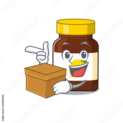 A cheerful bottle vitamin c cartoon design concept having a box